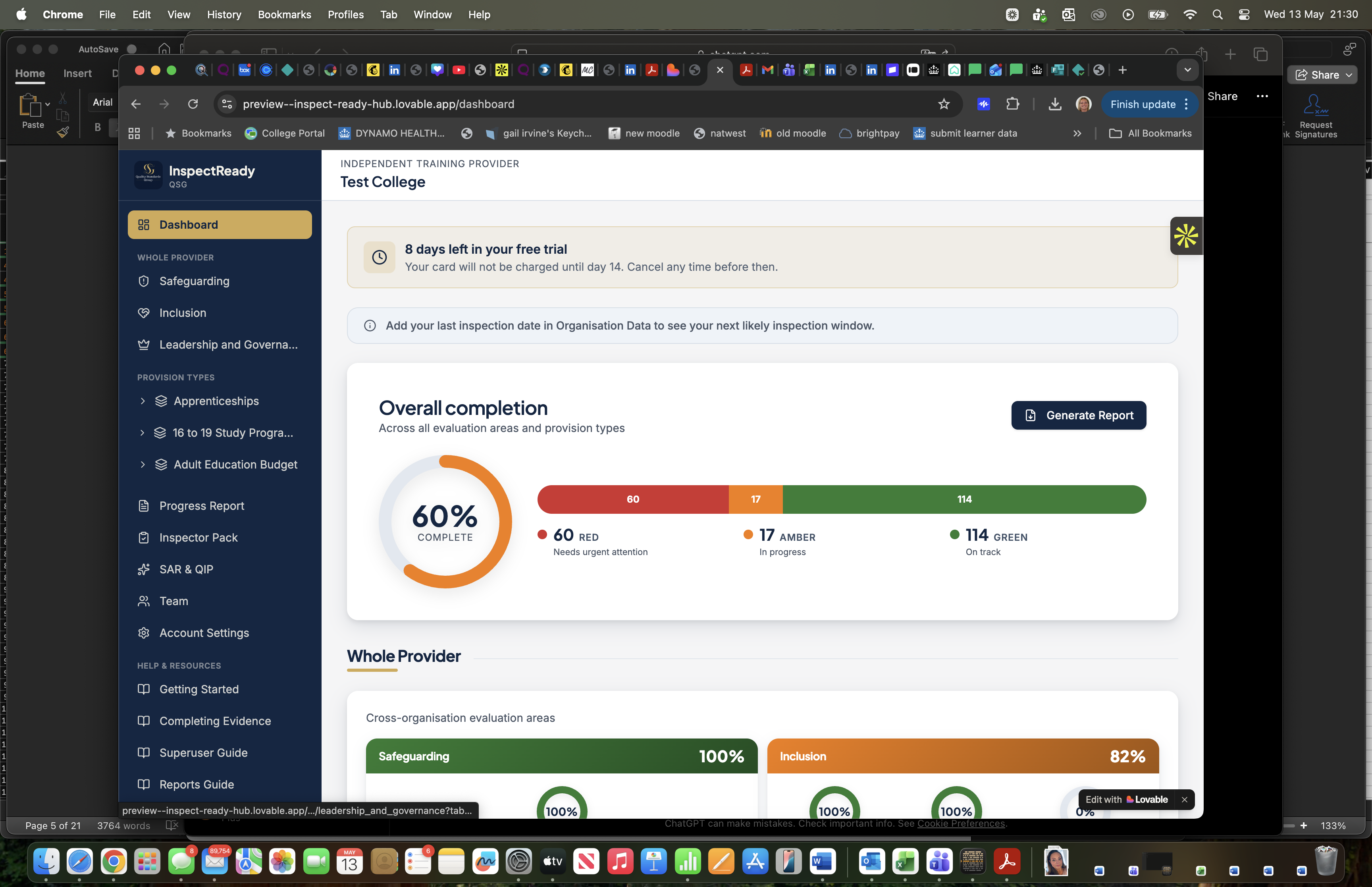 InspectReady dashboard showing overall completion at 60%, RAG status tracking across evaluation areas, and whole provider readiness overview