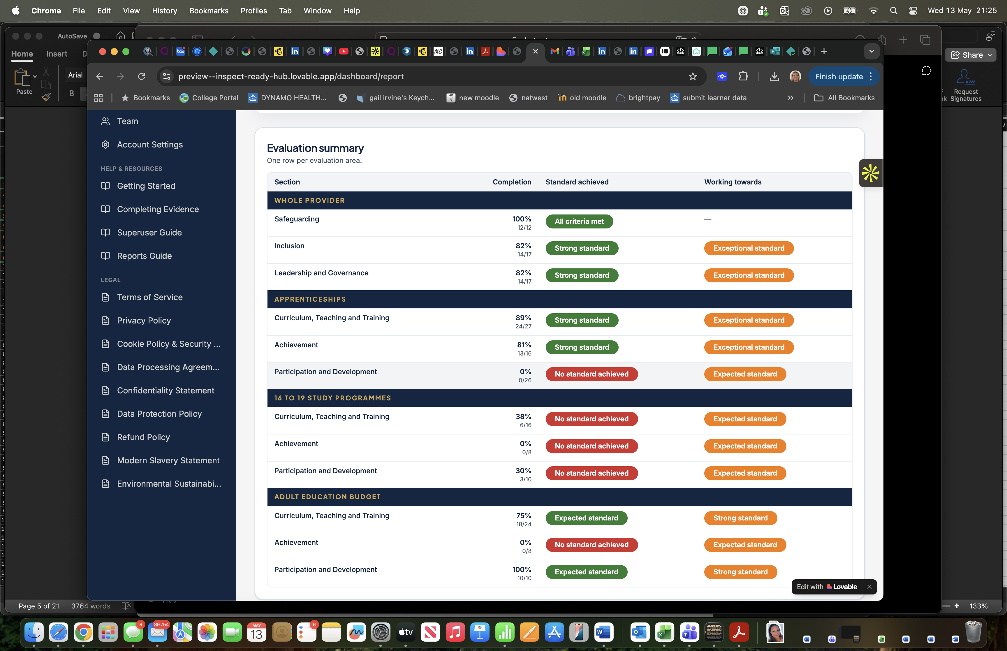 InspectReady evaluation summary showing compliance status, standards achieved and working towards indicators across whole provider and apprenticeship provision types