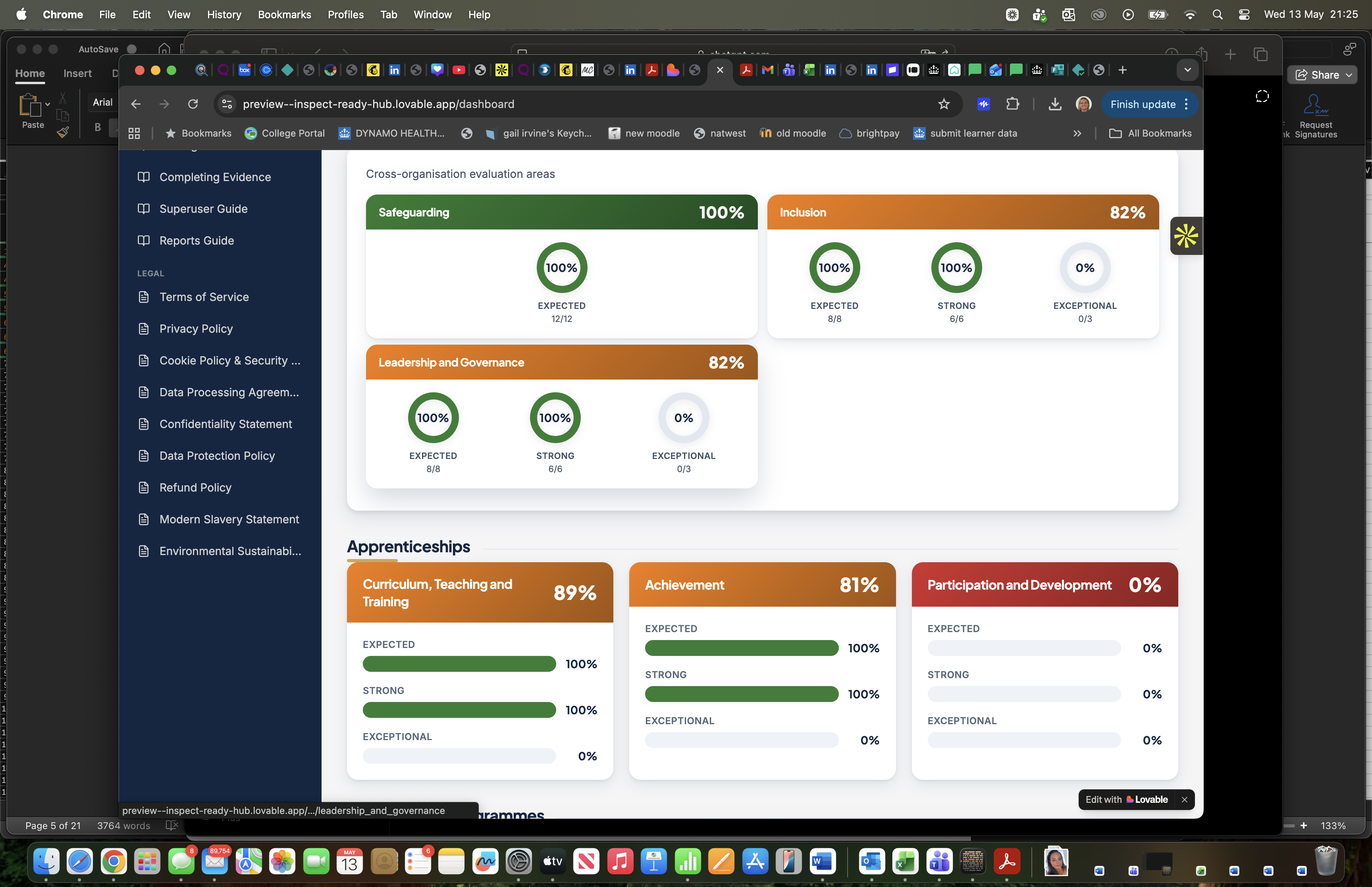 InspectReady evidence mapping showing safeguarding, inclusion and leadership criteria with completion percentages and status indicators