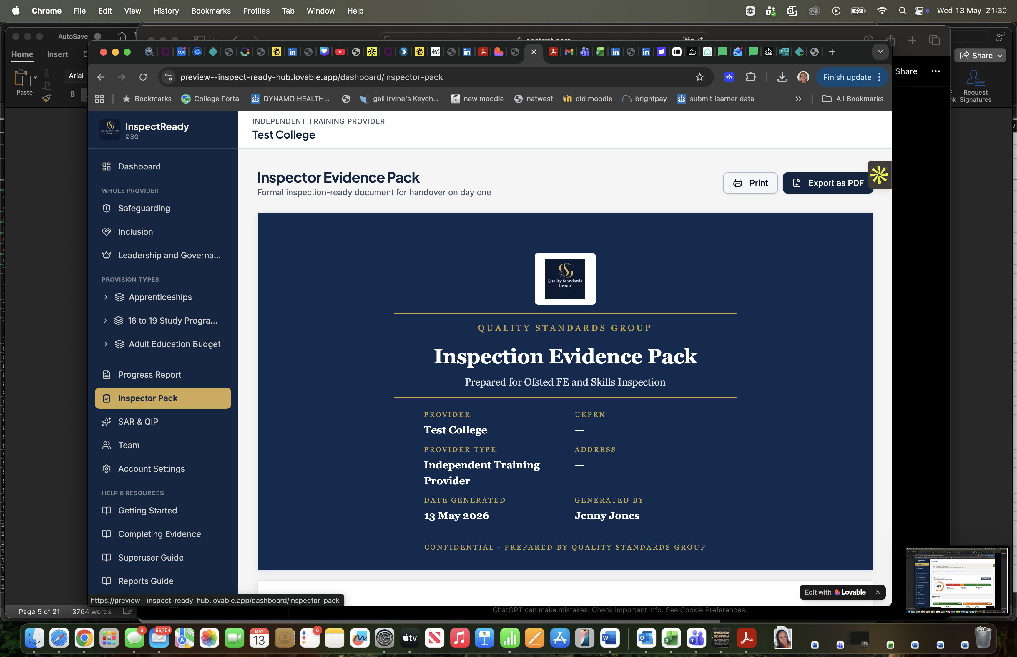 InspectReady Inspector Evidence Pack cover page showing a professionally formatted inspection-ready document with provider details, generation date and export options